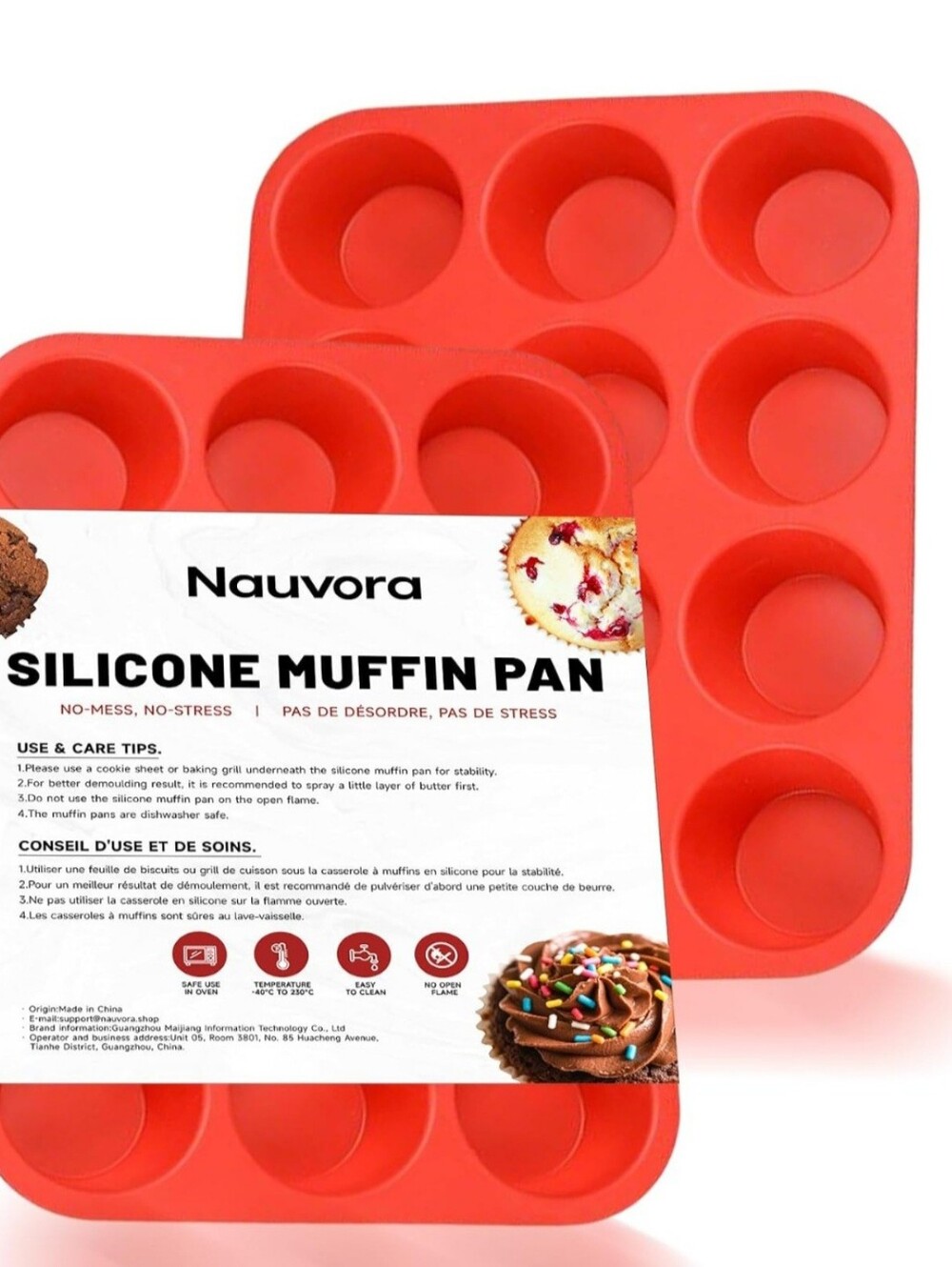 Nauvora Red Silicone Muffin Pan - 2 X 12-Cup Nonstick Baking Tray
